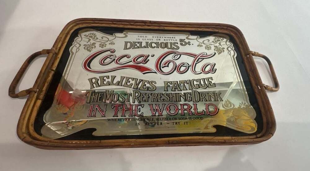 Vintage Coca-Cola Relieves Fatigue Mirror Bamboo Bar Serving Tray Sign